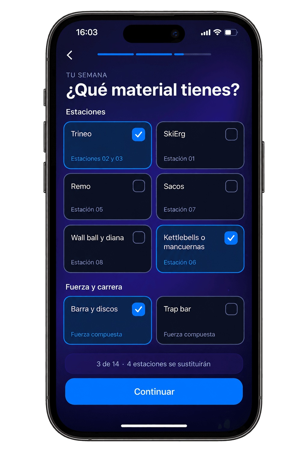 Pantalla de onboarding de PreRox: selección de material disponible por estación, con trineo activado y SkiErg desactivado