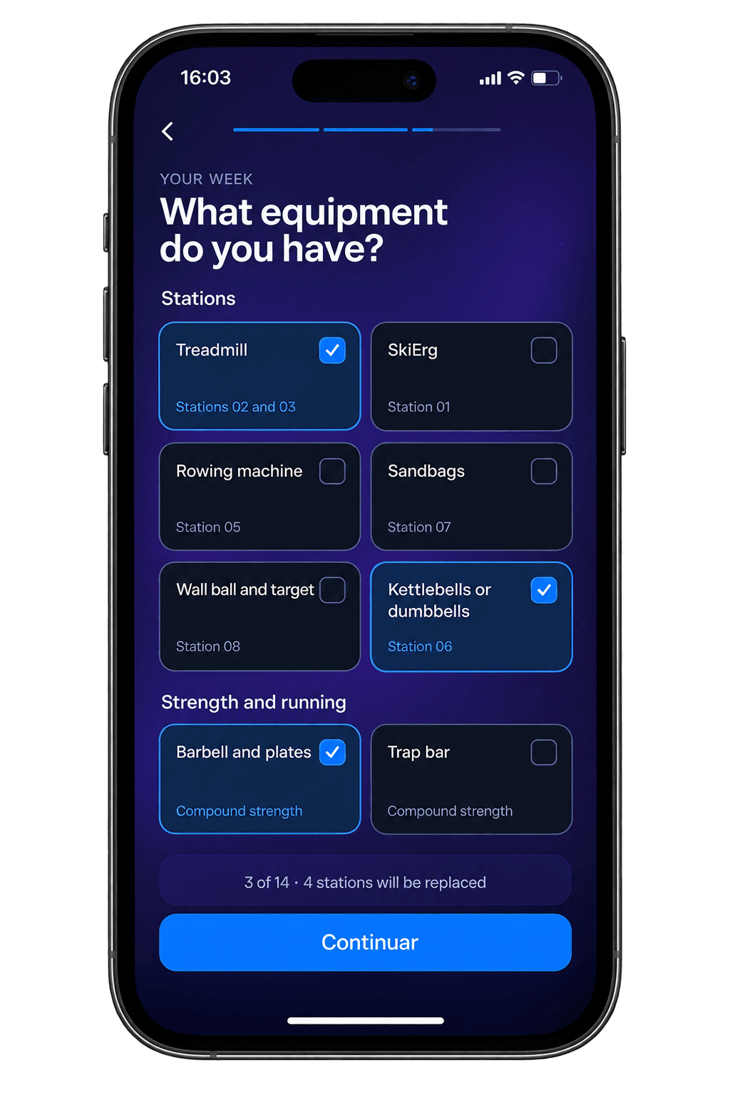 PreRox onboarding screen: selecting available equipment per station, treadmill on and SkiErg off